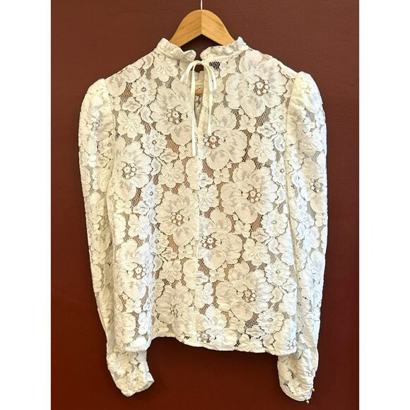 Wayf Women's Cream Emma Puff Sleeve Lace Top Size Large Ruffled Collar Camisole - Picture 4 of 7